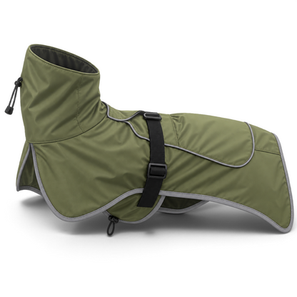 Imperméable pour chien AventureCanine vert olive en polyester avec bordures réfléchissantes et sangle réglable