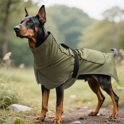 Doberman portant un imperméable AventureCanine vert en polyester léger avec ouverture pour laisse en extérieur