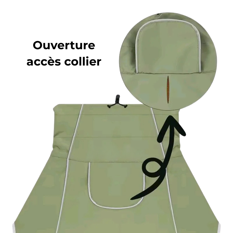 Imperméable AventureCanine vert en polyester pour chien avec ouverture pratique pour l'accès au collier