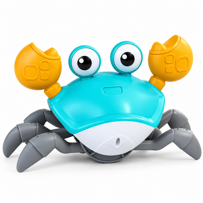 Jouet interactif AventureCanine en forme de crabe bleu et jaune avec détecteur d'obstacles pour chien et chat