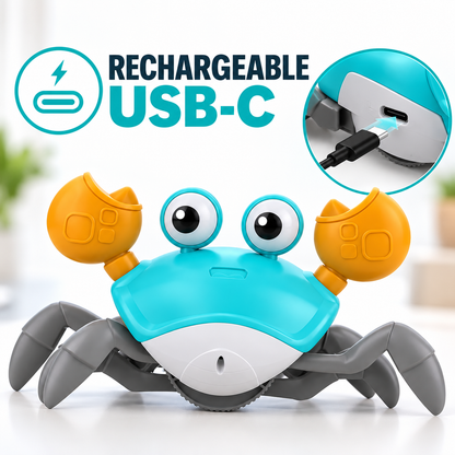 Jouet interactif AventureCanine en forme de crabe bleu et orange avec port de charge USB-C pour chien et chat