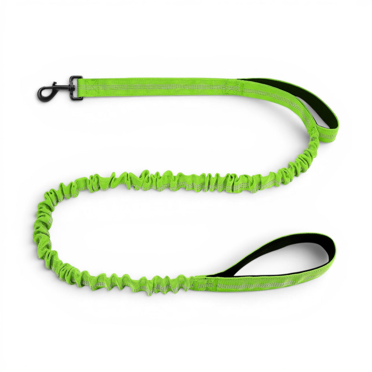 Laisse amortissante AventureCanine vert fluo en nylon avec deux poignées rembourrées pour chien
