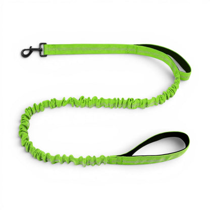 Laisse amortissante AventureCanine vert fluo en nylon avec deux poignées rembourrées pour chien