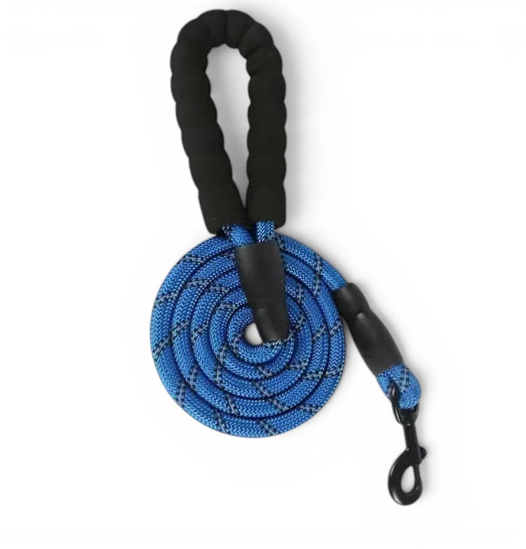 Laisse AventureCanine pour petit chien en corde tressée bleue avec poignée ergonomique noire et mousqueton robuste