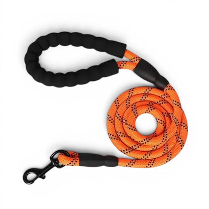 Laisse pour petit chien AventureCanine en corde tressée orange avec poignée ergonomique noire et mousqueton robuste