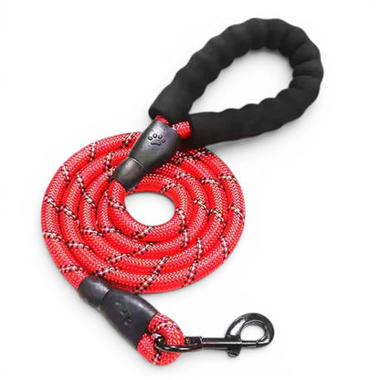 Laisse AventureCanine pour petit chien en corde tressée rouge avec poignée ergonomique noire et mousqueton robuste