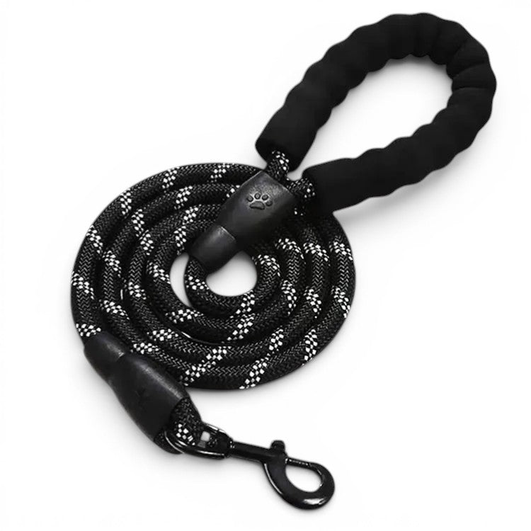 Laisse AventureCanine pour petit chien en corde tressée noire et blanche avec poignée ergonomique rembourrée