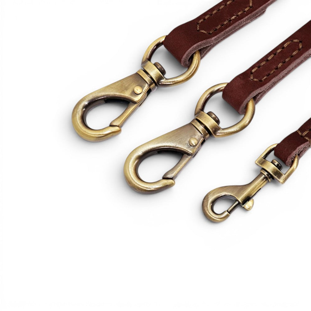Laisse pour chien AventureCanine en cuir marron souple avec mousquetons en laiton vieilli robustes