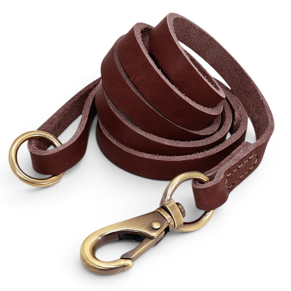 Laisse pour chien AventureCanine en cuir marron souple avec mousqueton en laiton vieilli et anneau robuste