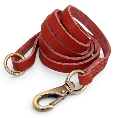 Laisse pour chien AventureCanine en cuir rouge souple avec mousqueton en laiton vieilli pour promenade