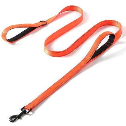 Laisse AventureCanine orange en nylon avec double poignée et bandes réfléchissantes pour chien