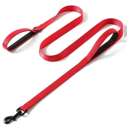Laisse AventureCanine rouge en nylon avec double poignée rembourrée et bandes réfléchissantes pour chien