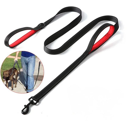 Laisse AventureCanine en nylon noir et rouge avec double poignée et bandes réfléchissantes pour chien