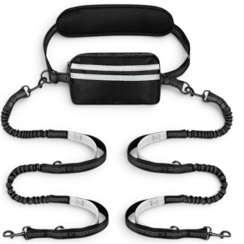 Laisse chien main libre double AventureCanine avec ceinture réglable, pochette et deux laisses extensibles en nylon