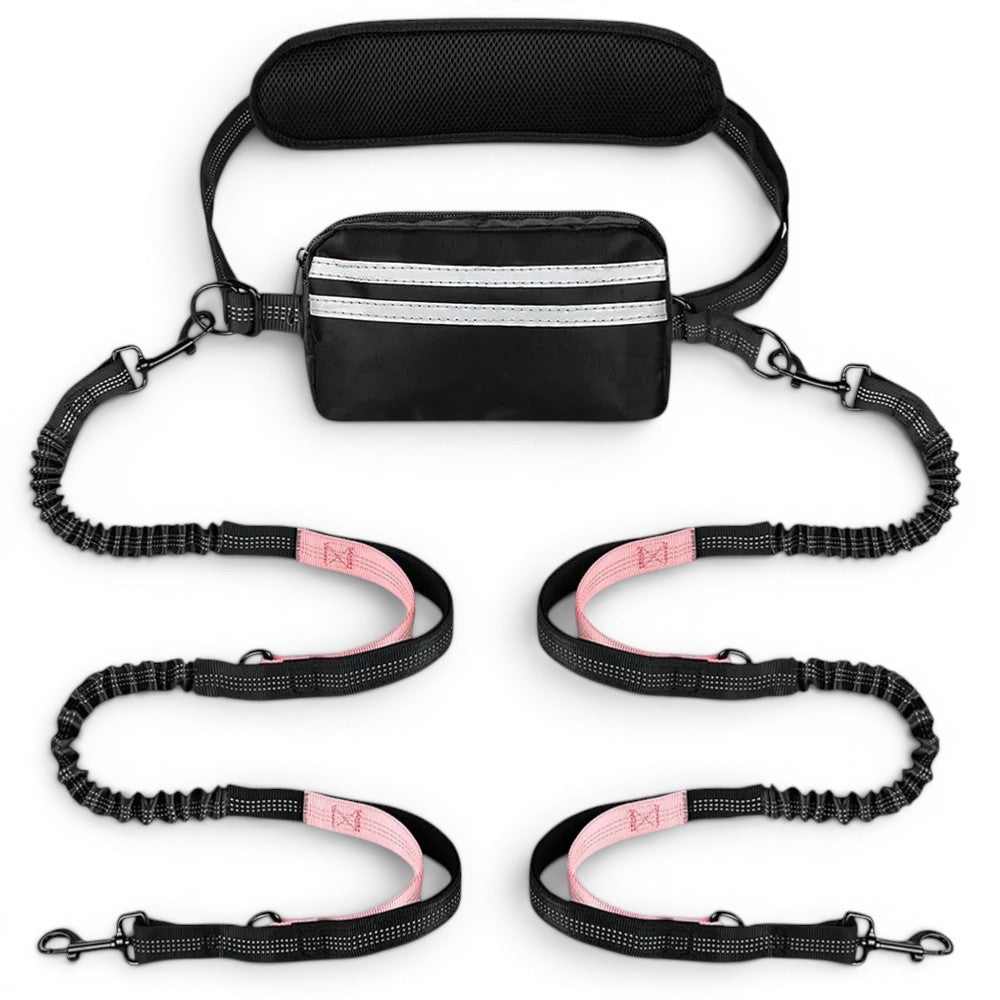 Laisse chien main libre double AventureCanine avec ceinture réglable, pochette et deux laisses extensibles en nylon