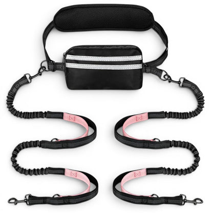 Laisse chien main libre double AventureCanine avec ceinture réglable, pochette et deux laisses extensibles en nylon