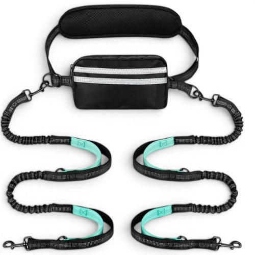 Laisse main libre double AventureCanine avec ceinture réglable, sacoche et deux laisses extensibles en nylon noir