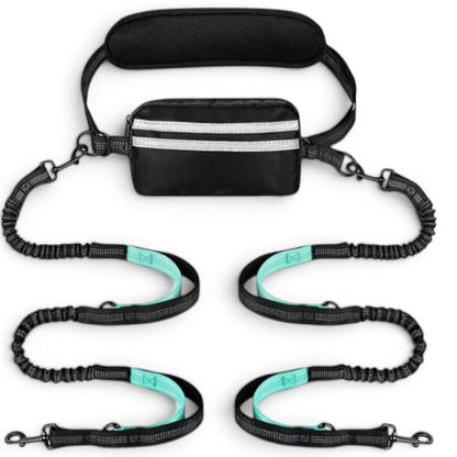 Laisse main libre double AventureCanine avec ceinture réglable, sacoche et deux laisses extensibles en nylon noir