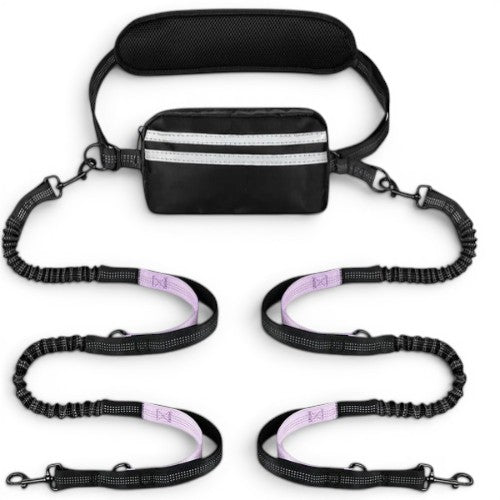 Laisse chien main libre double AventureCanine avec ceinture réglable, pochette et deux laisses extensibles en nylon