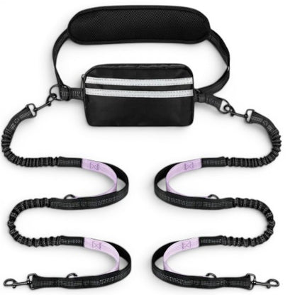 Laisse chien main libre double AventureCanine avec ceinture réglable, pochette et deux laisses extensibles en nylon