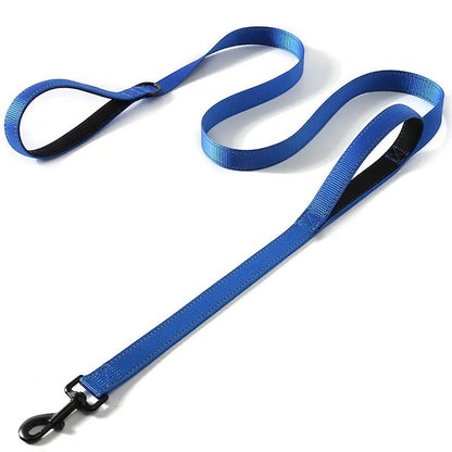 Laisse AventureCanine bleue en nylon avec double poignée rembourrée et bandes réfléchissantes pour chien