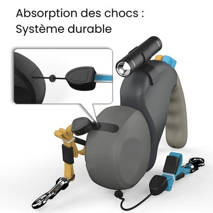 Laisse double AventureCanine Duo Titan avec système anti-nœud rotatif, lampe intégrée et absorption des chocs