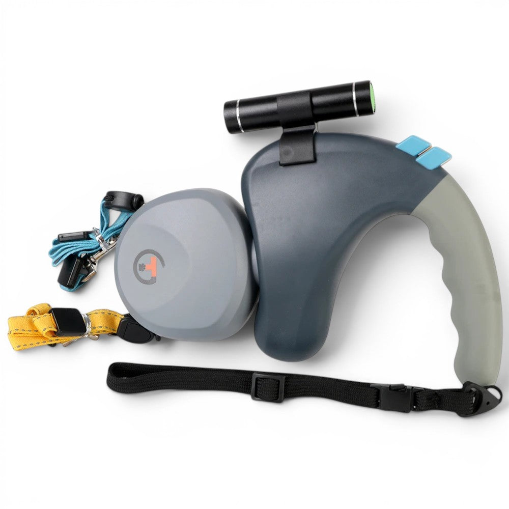 Laisse double AventureCanine Duo Titan grise et bleue avec lampe intégrée pour promener deux chiens sans nœuds