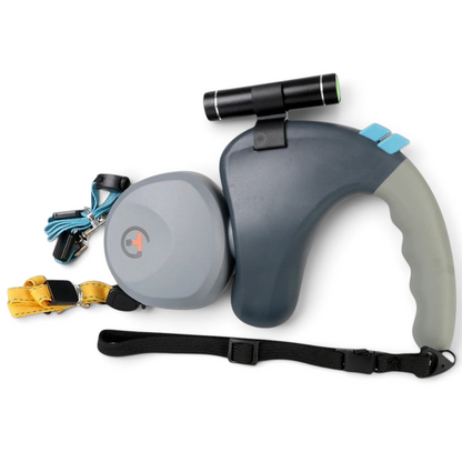 Laisse double AventureCanine Duo Titan grise et bleue avec lampe intégrée pour promener deux chiens sans nœuds