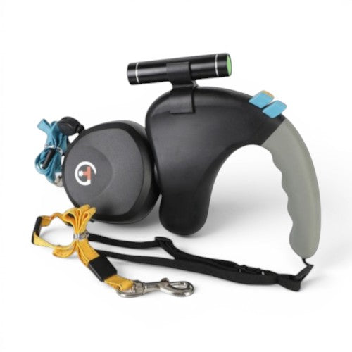 Laisse double anti-nœud AventureCanine Duo Titan noire avec poignée ergonomique et mécanisme rotatif pour deux chiens