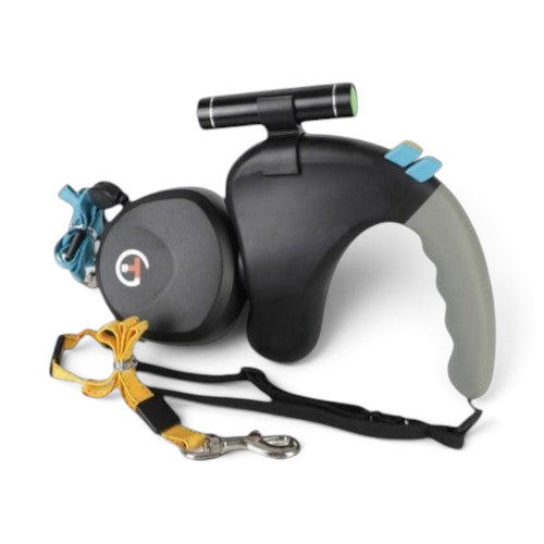 Laisse double anti-nœud AventureCanine Duo Titan noire avec poignée ergonomique et mécanisme rotatif pour deux chiens