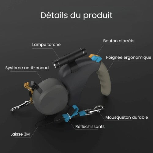 Laisse double AventureCanine Duo Titan avec système anti-nœud, lampe torche, poignée ergonomique et détails réfléchissants