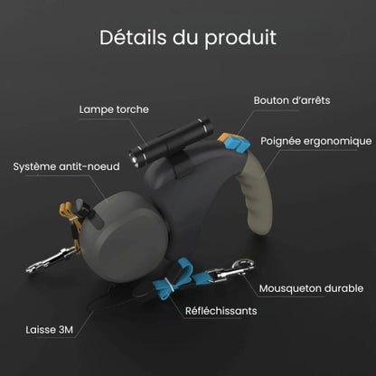 Laisse double AventureCanine Duo Titan avec système anti-nœud, lampe torche, poignée ergonomique et détails réfléchissants