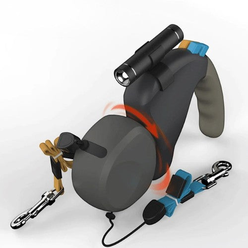 Laisse double AventureCanine Duo Titan noire avec système rotatif 360 degrés et lampe torche intégrée pour deux chiens