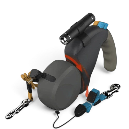 Laisse double AventureCanine Duo Titan noire avec système rotatif 360 degrés et lampe torche intégrée pour deux chiens