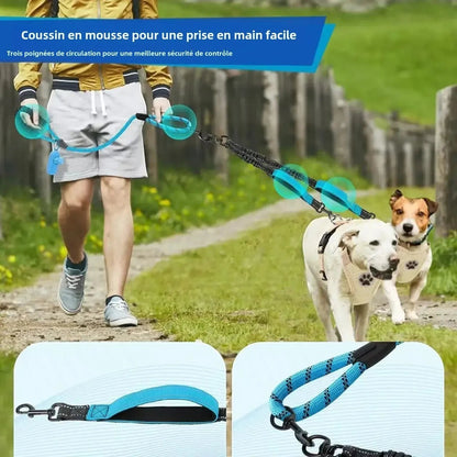 Laisse double AventureCanine en nylon bleu avec poignées rembourrées et bandes réfléchissantes pour deux chiens