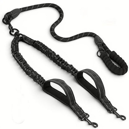 Laisse double AventureCanine en nylon noir avec bandes réfléchissantes, émerillon rotatif et poignées de contrôle