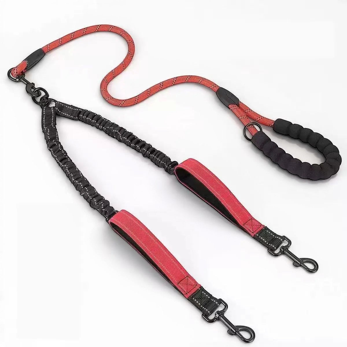 Laisse double AventureCanine en nylon rouge et noir avec poignées de contrôle et bandes réfléchissantes pour deux chiens