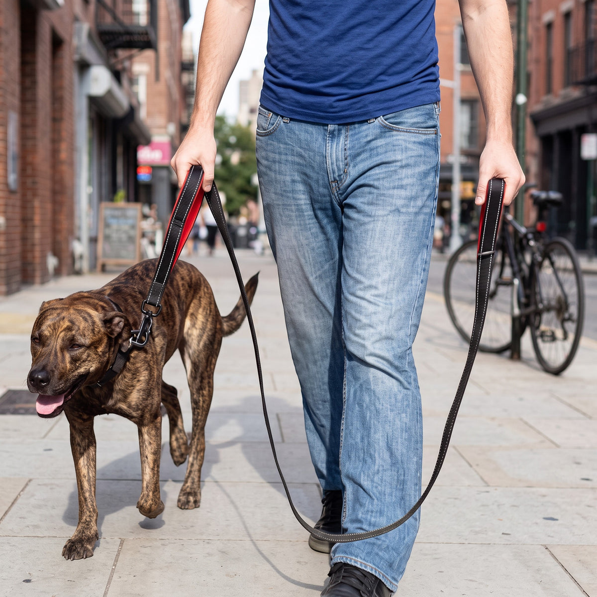 Laisse AventureCanine en nylon noir avec double poignée et bandes réfléchissantes pour chien lors d'une promenade urbaine
