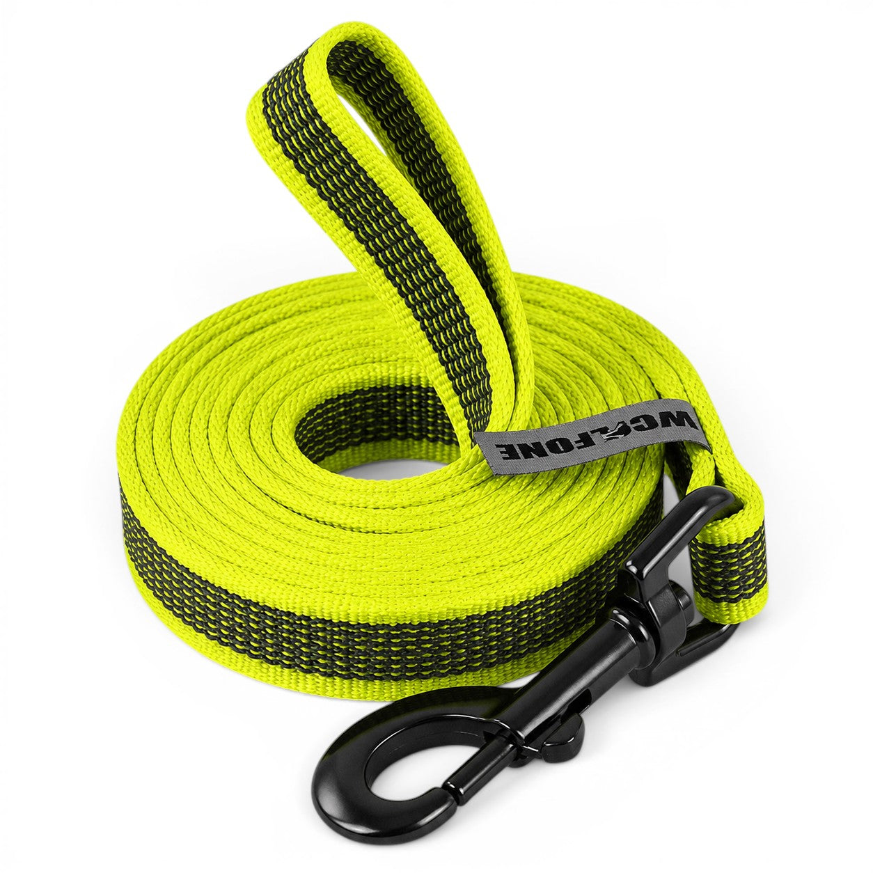 Laisse AventureCanine en nylon renforcé jaune fluo avec poignée rembourrée et mousqueton noir robuste