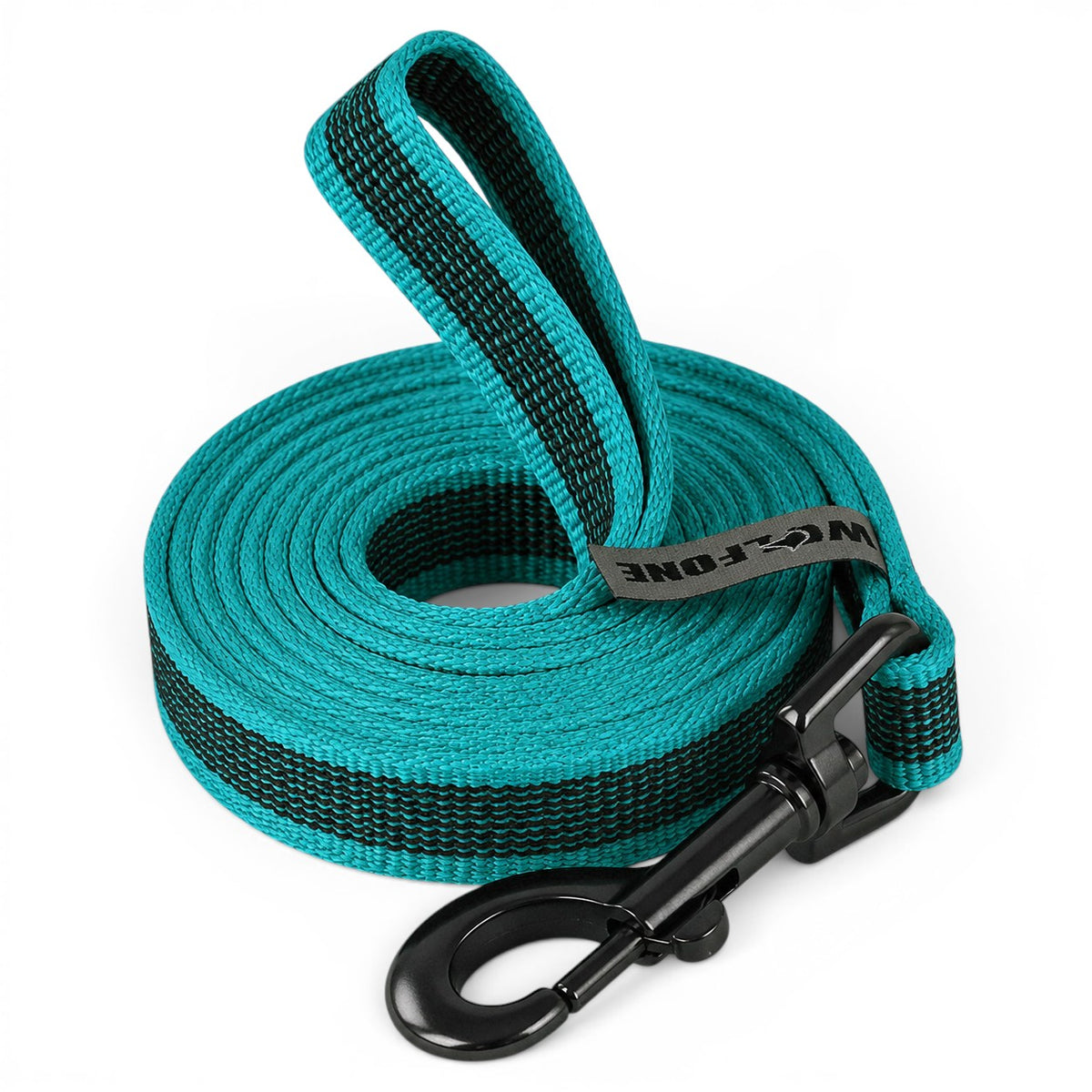 Laisse AventureCanine en nylon renforcé bleu turquoise et noir avec poignée rembourrée et mousqueton robuste
