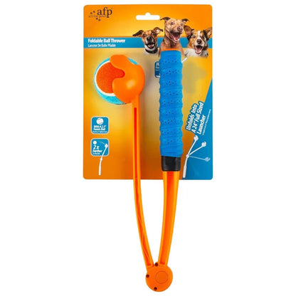 Lanceur de balle pliable AventureCanine orange et bleu avec manche ergonomique pour jeux en plein air avec chien