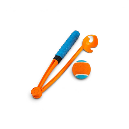Lanceur de balle pliable AventureCanine orange et bleu avec manche ergonomique et balle de tennis pour chien