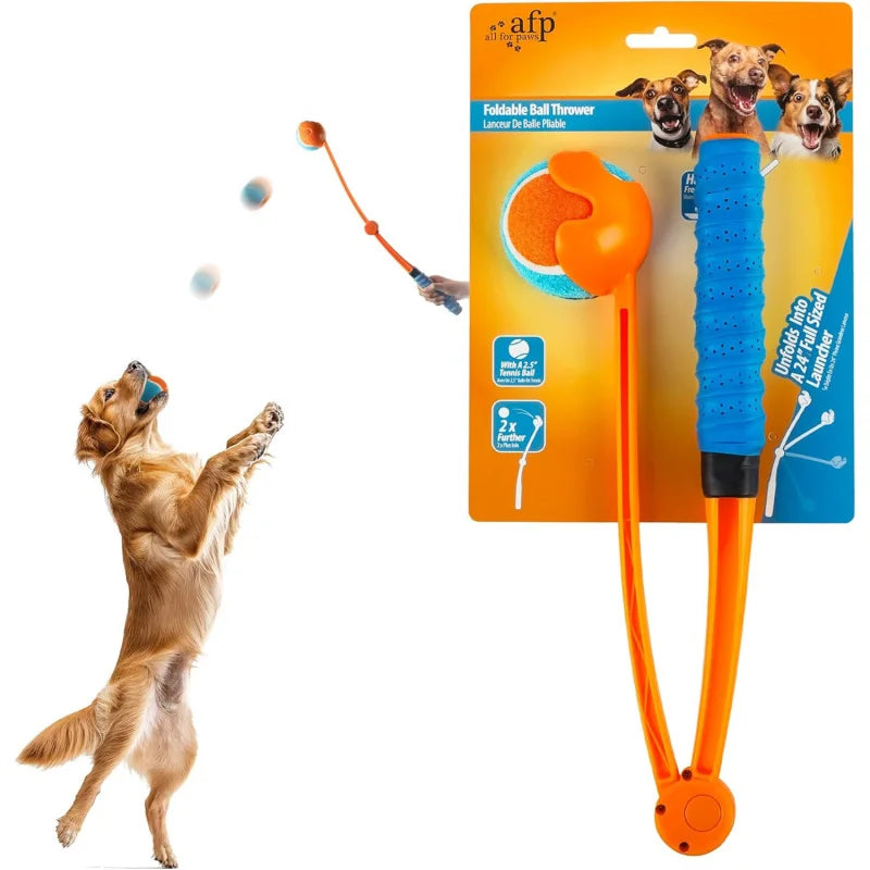 Lanceur de balle pliable AventureCanine orange et bleu avec manche ergonomique pour lancer des balles de tennis