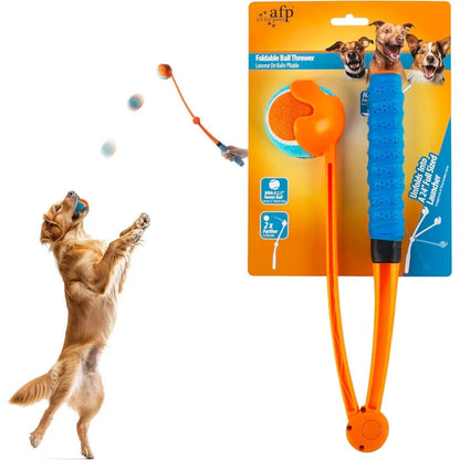 Lanceur de balle pliable AventureCanine orange et bleu avec manche ergonomique pour lancer des balles de tennis