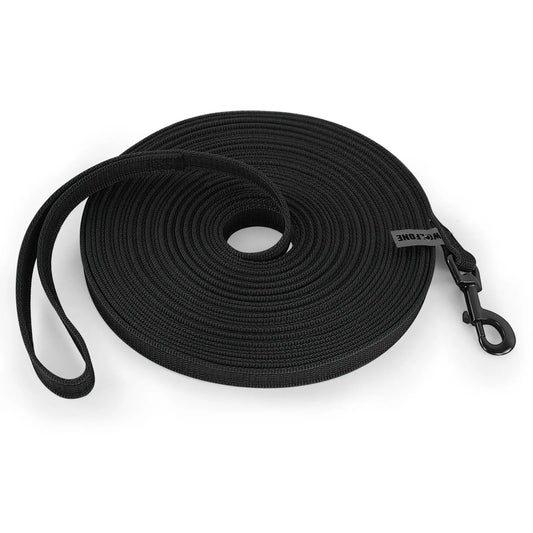 Longe renforcée noire AventureCanine en nylon pour chien, idéale pour l'éducation et la liberté en promenade.