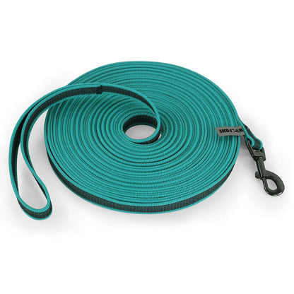 Longe renforcée AventureCanine turquoise en nylon et fibre pour chien, enroulée avec mousqueton noir