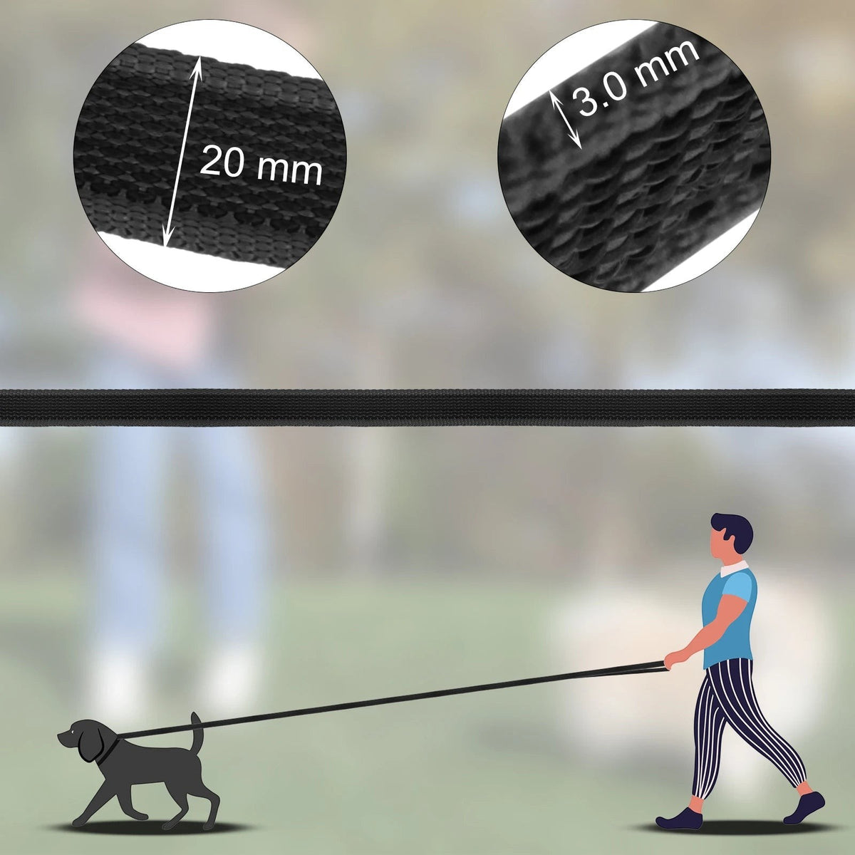 Longe renforcée AventureCanine noire en nylon et fibre pour chien, idéale pour l'éducation et les promenades.