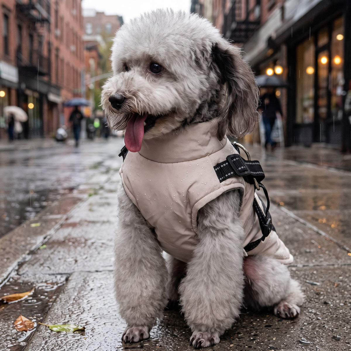 Chien portant un manteau AventureCanine beige déperlant avec harnais intégré, doublé en polaire, sur un trottoir humide.
