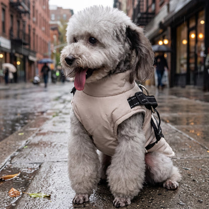Chien portant un manteau AventureCanine beige déperlant avec harnais intégré, doublé en polaire, sur un trottoir humide.