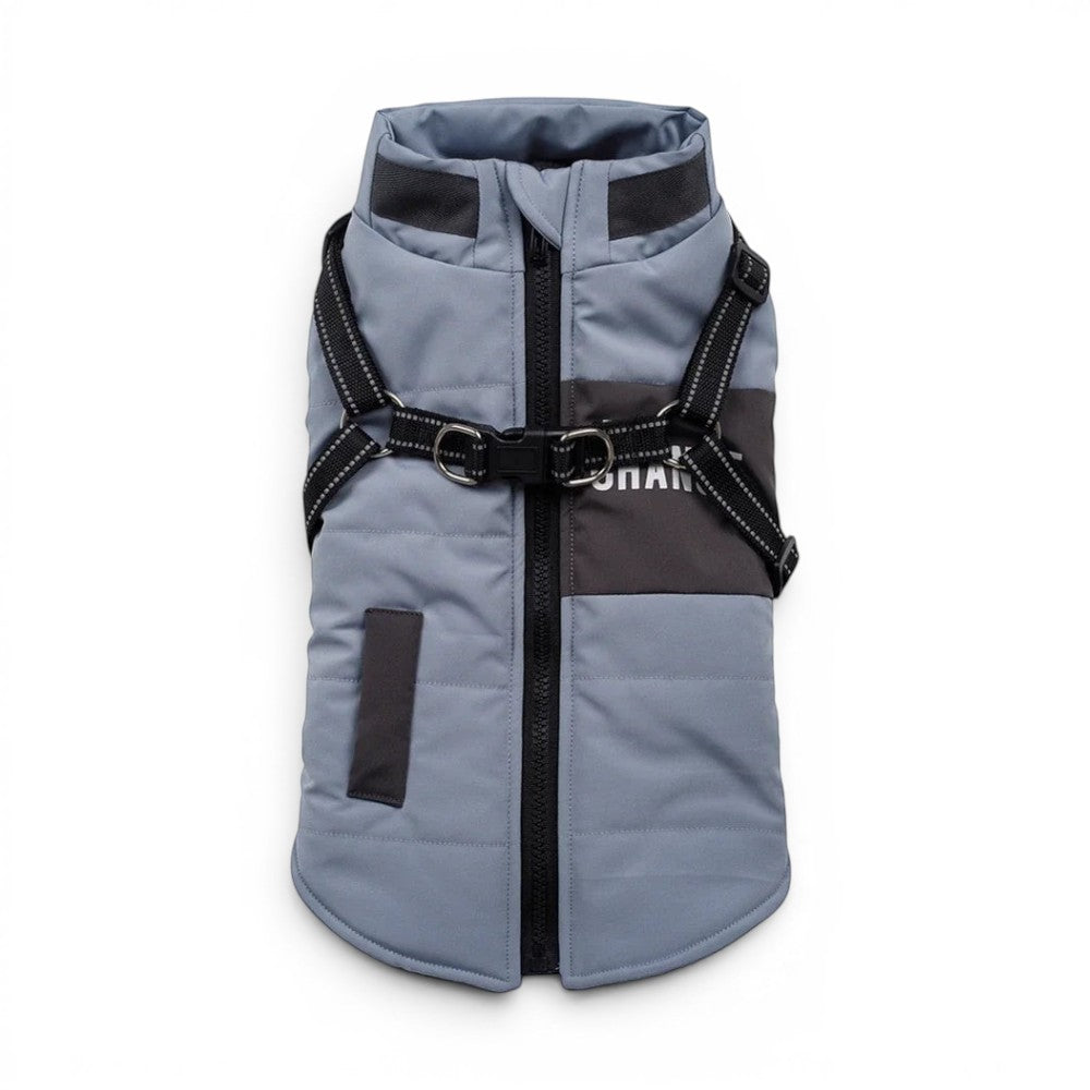 Manteau AventureCanine gris pour chien avec harnais intégré, doublure polaire chaude et fermeture zippée pratique